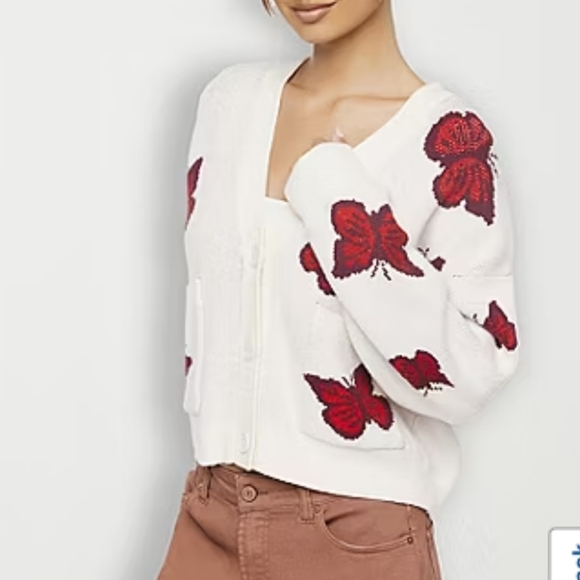 Forever 21 Sweaters - Forever 21 women's and junior's cardigan butterfly Small beige and red, v-neck